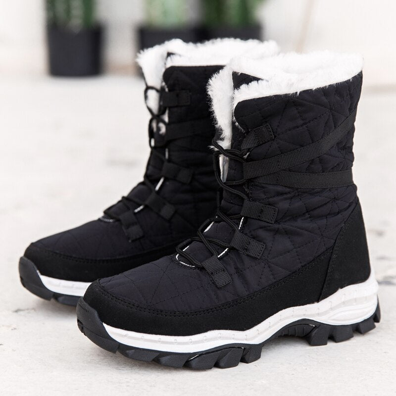 flowersverse Women Boots Warm Winter Mid-Calf Waterproof Ladies Booties Black Plus Size PU Leather Boots Women Botas Mujer Platform Heels