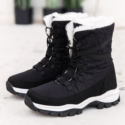 flowersverse Women Boots Warm Winter Mid-Calf Waterproof Ladies Booties Black Plus Size PU Leather Boots Women Botas Mujer Platform Heels