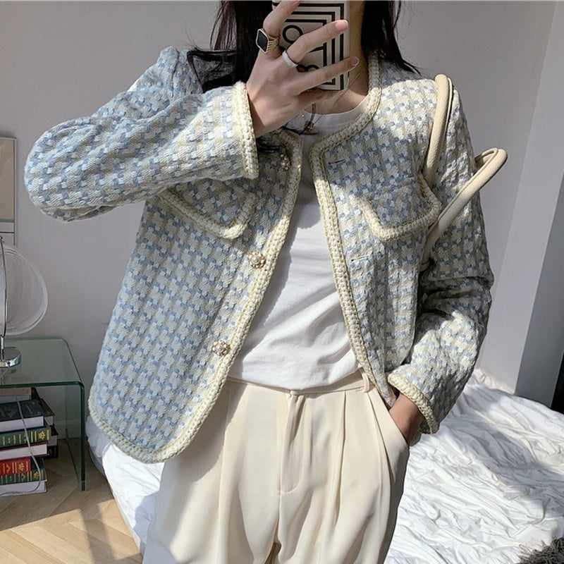 flowersverse High Quality French Vintage Small Fragrance Tweed Jacket Coat Women's Spring Autumn Casual Fried Street Short Coat Plaid Outwear