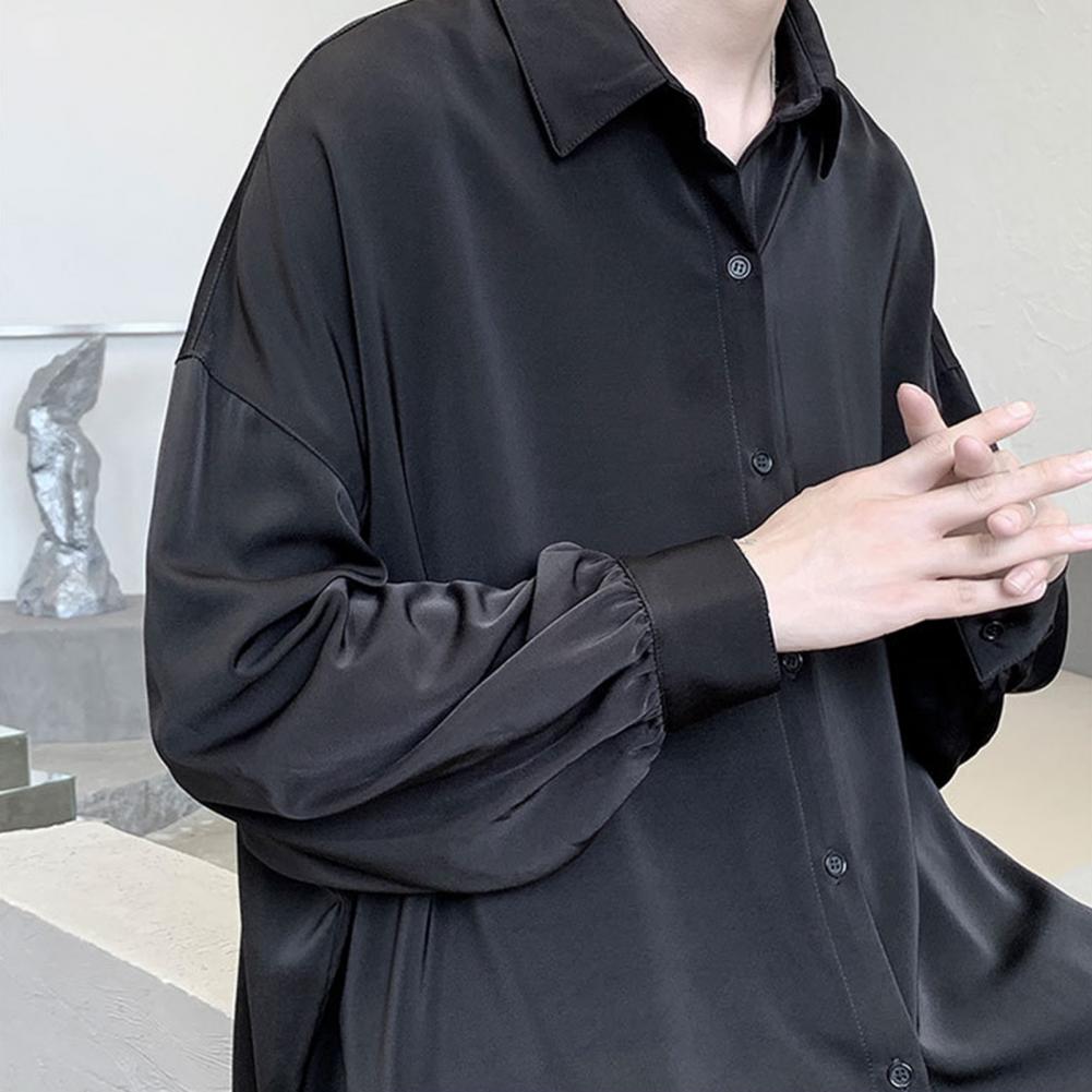 flowersverse Black Long-sleeved Shirts Men Korean Lapel Single-breasted Men Shirt Spring Autumn Loose Fit Solid Color Shirt with Tie