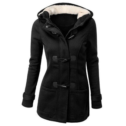 flowersverse Hooded Cotton Blend Classic Horn Leather Buckle Coat Jacket Cotton Coat Women