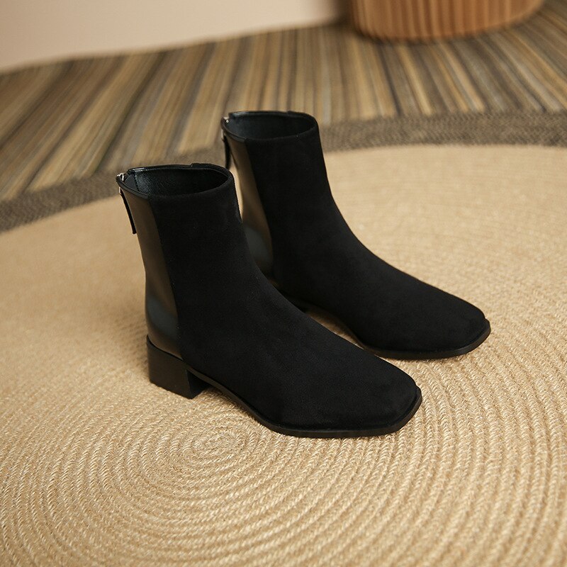 flowersverse Autumn Women Short Boots Winter Suede Stitching Square Toe Lady Shoe Rear Zipper Thick Heel Fashion Solid Elastic Female Boot