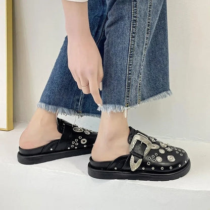 flowersverse Summer Women Slippers Platform Rivets Punk Rock Leather Mules Creative Metal Fittings Casual Party Shoes Female Outdoor