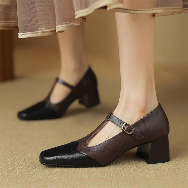 New Genuine Leather Women Mary Jane Shoes Spring Retro Woman Shoes Square Toe Women Pumps Shoes for Women Zapatos De Mujer