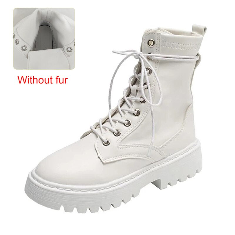 flowersverse New Mid Calf Boots Women Autumn Winter Fashion Lace-Up Zipper Botas Mujer Boots Sports Platform Heel Ladies Shoes  Flat