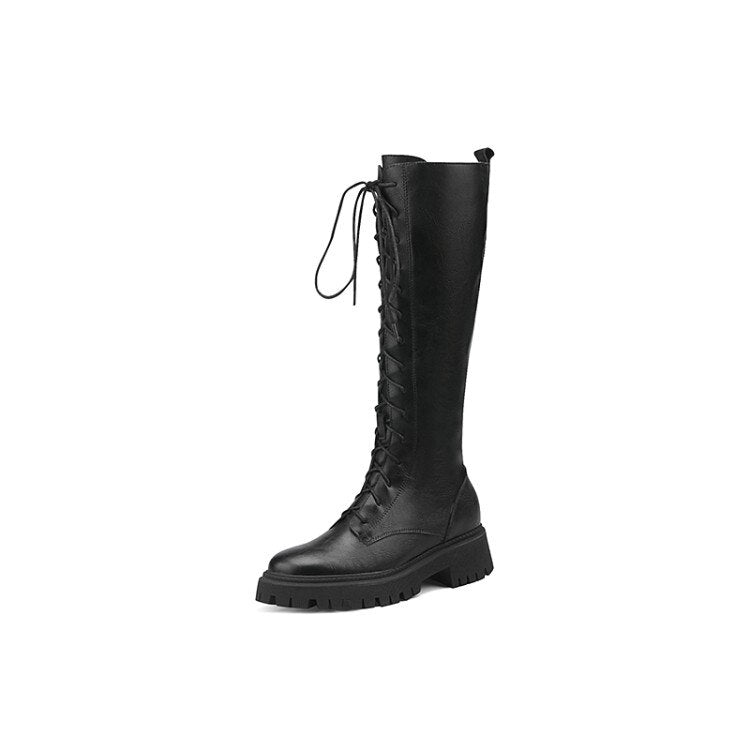 flowersverse New Knee-High Boots Winter Women Shoes Split Leather Women Boots Chunky High Boots Solid Platform Shoes For Women Knight Boots