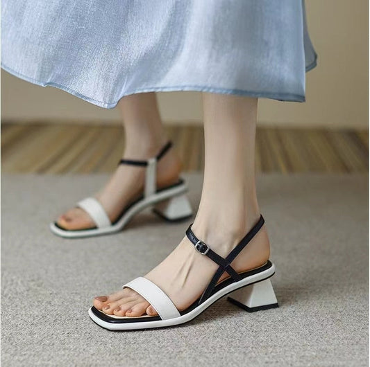 Amozae Summer Women Sandals Color Matching Square Toe Buckle Mid Block Heel Females Slippers Fashion High Quality Cozy Lady Shoe