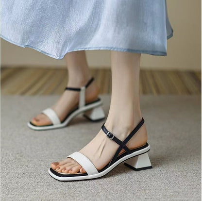 Amozae Summer Women Sandals Color Matching Square Toe Buckle Mid Block Heel Females Slippers Fashion High Quality Cozy Lady Shoe