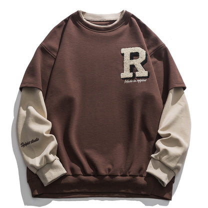 flowersverse Vintage Flocked Letter Fake Two Patchwork Hoodie Pullover Harajuku Sweatshirts Men Hip Hop Streetwear Loose Casual Tops