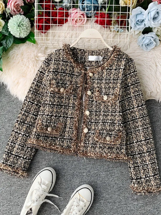 flowersverse New Autumn Winter Vintage Tweed Jacket Coat Women Small Fragrance Patchwork Korean Woollen Cropped Coats Elegant Short Outerwear