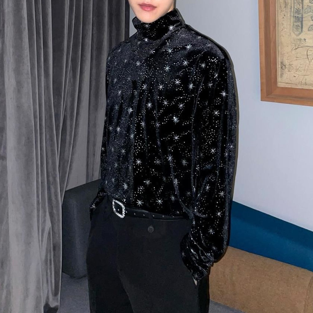 flowersverse Men Casual T Shirt Printed Velour Turtleneck Streetwear Long Sleeve Undershirts Cozy Leisure Men Clothing EU XS-XL