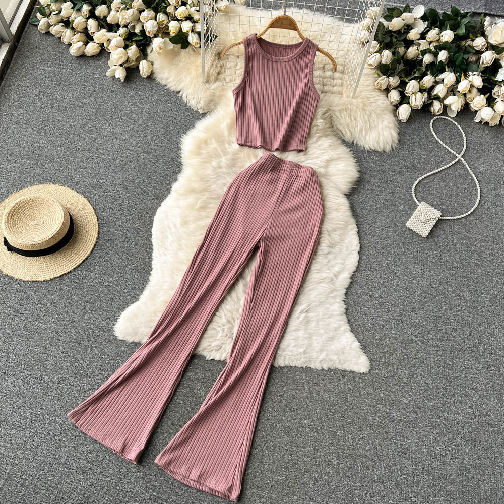 Women Casual Pants Set Fashion Bodycon Slim Short Tank Top +Striped Wide Legs Long Pants Solid Summer Two Piece Suit