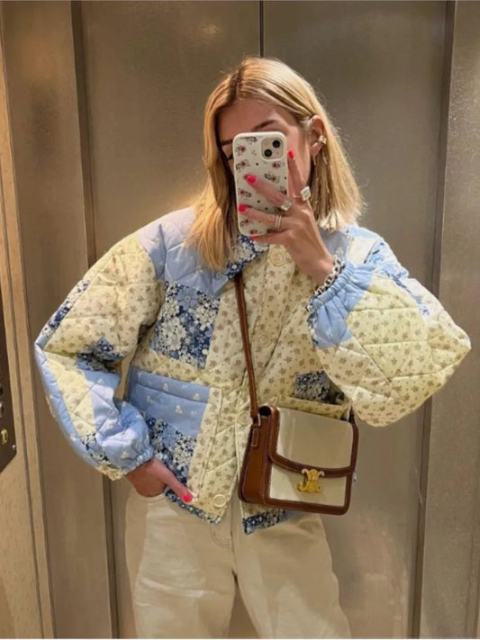 flowersverse Women Green Flower Printed Quilted Warm Coat Autumn Oversized Long Sleeve Cotton Jacket Winter Casual Fashion Streetwear