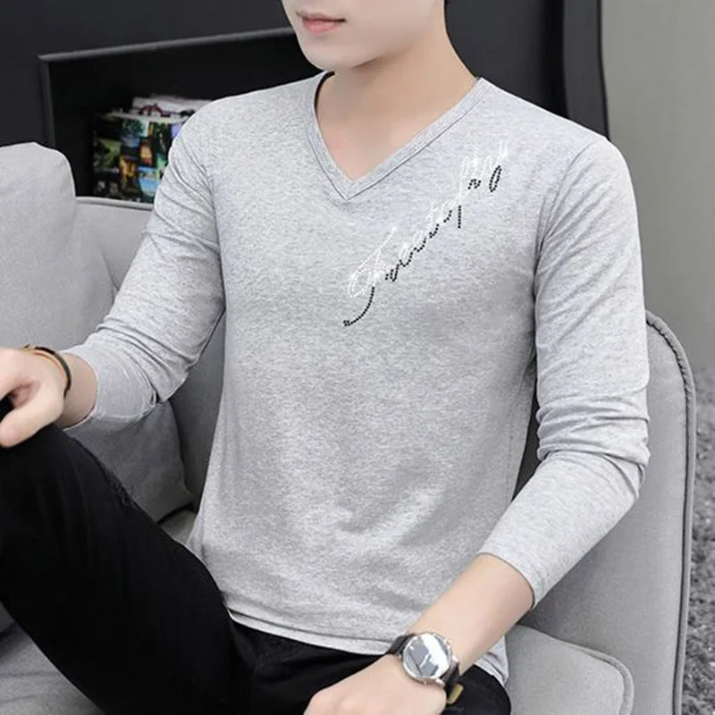 flowersverse  -  Fashion V-Neck All-match Diamonds T-Shirt Men's Clothing Autumn New Oversized Casual Pullovers Tops Loose Korean Tee Shirt