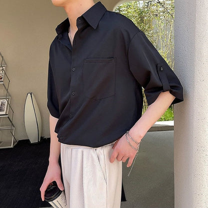 flowersverse Summer New Korean Fashion Ice Silk Short Sleeve Shirt Men Half-sleeved Lapel Solid Color Casual High Quality Shirts for Men