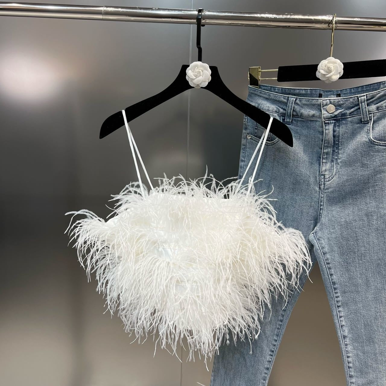 Autumn Sleeveless Feathers Camisole Crop Top Blue Denim Pants Long Jeans Two Piece Set Women GF920