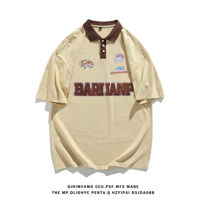 flowersverse American College Style T-shirts Plus Size Mens Short Sleeve Turn-down Collar Tops  Hip Hop Streetwear Male Loose Tee Shirts