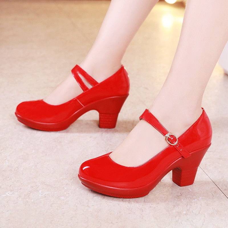 flowersverse - Small Size 32-43 Medium Block Heel Platform Shoes Women Wedding Shoes Red White Fall Mary Jane Shoes Ladies Pumps Leather