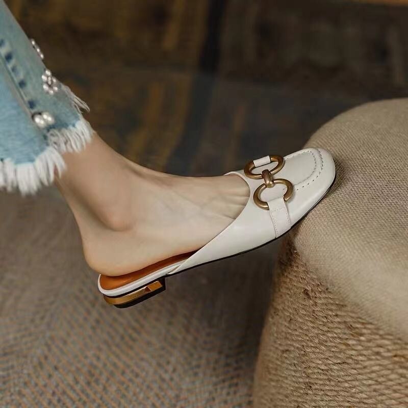 Amozae French Retro Ladies Slippers Classic Summer New Flat-heeled Women's Sandals Comfortable Square Head Lazy Female Muller Shoes