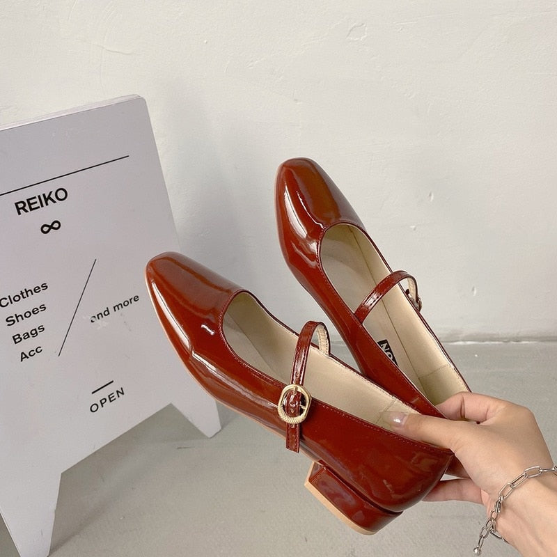 Christmas Gift 2022 Spring Autumn Women Mary Janes Shoes Patent Leather Low Heels Dress Shoes Square Toe Shallow Buckle Strap