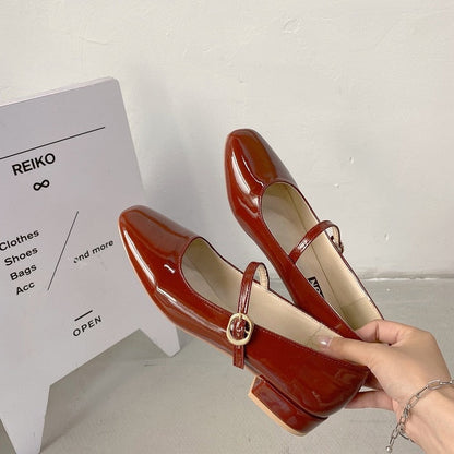 Christmas Gift  Spring Autumn Women Mary Janes Shoes Patent Leather Low Heels Dress Shoes Square Toe Shallow Buckle Strap