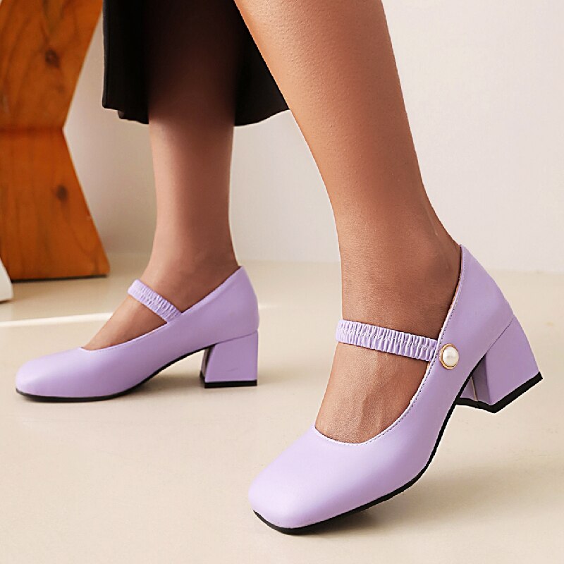 flowersverse - Elegant Medium Heels Women Pumps Mary Jane Shoes New Spring White Blue Green Heeled Wedding Office Shoes Female Large Size