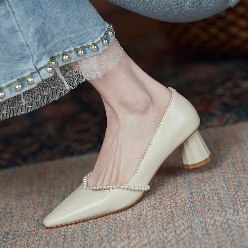 flowersverse Pearls Women's Shoes Pointed Elegant Square Head Female Pumps Retro Summer High-heeled Shallow Mouth Ladies Work Shoes