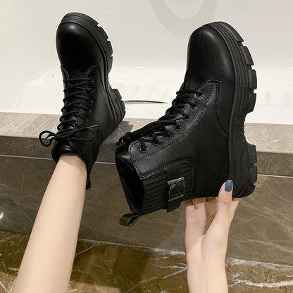 flowersverse New Women White Ankle Boot PU Leather Thick Sole Lace Up Combat Booties Female Autumn Winter Platform Shoes Rubber Cowboy Boots