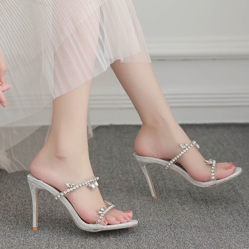 flowersverse New Women's Sandals Summer Stiletto Heels  Open Toe Design Sense Rhinestone High-Heeled Large Size Sandals for Women