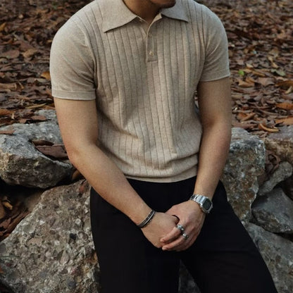 flowersverse Fashion Men Knit Polo Shirt Summer Short Sleeve Casual Strech Knitted Slim Tops Leisure Pure Color Button Lapel Men Polo T-shirt
