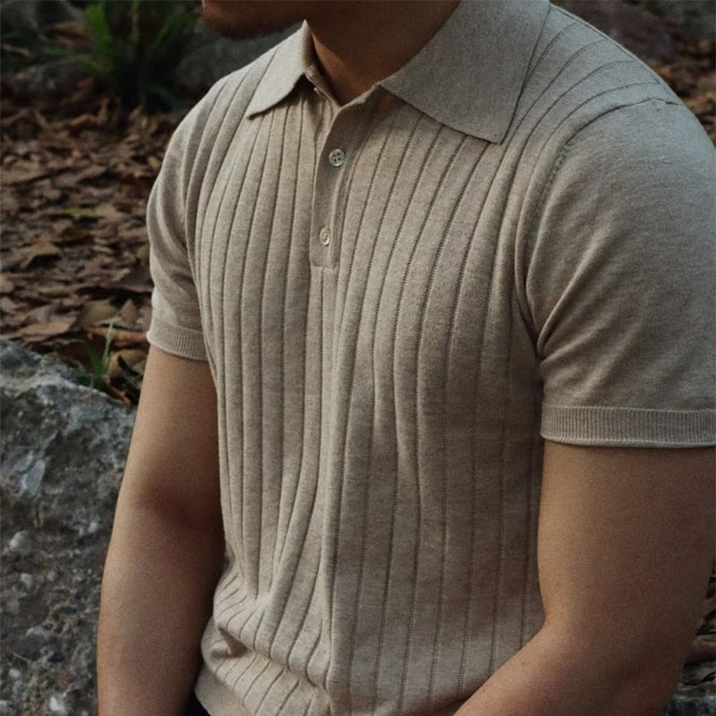 flowersverse Fashion Men Knit Polo Shirt Summer Short Sleeve Casual Strech Knitted Slim Tops Leisure Pure Color Button Lapel Men Polo T-shirt