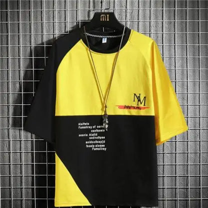 flowersverse  -  Fashion Loose Spliced Printed Letter Asymmetrical T-Shirt Men's Clothing Summer New Casual Pullovers All-match Tee Shirt