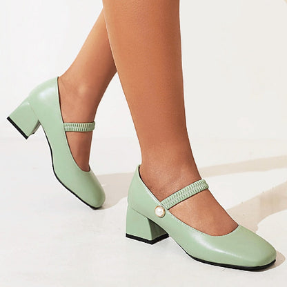 flowersverse - Elegant Medium Heels Women Pumps Mary Jane Shoes New Spring White Blue Green Heeled Wedding Office Shoes Female Large Size