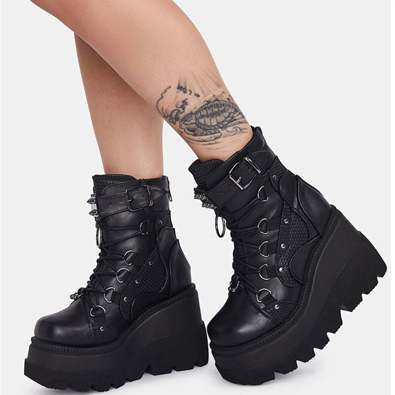 Christmas Gift Autumn Winter Sale Punk Halloween Witch Cosplay Platform High Wedges Heels Black Gothic Calf Boots Women Shoes Big Size 43