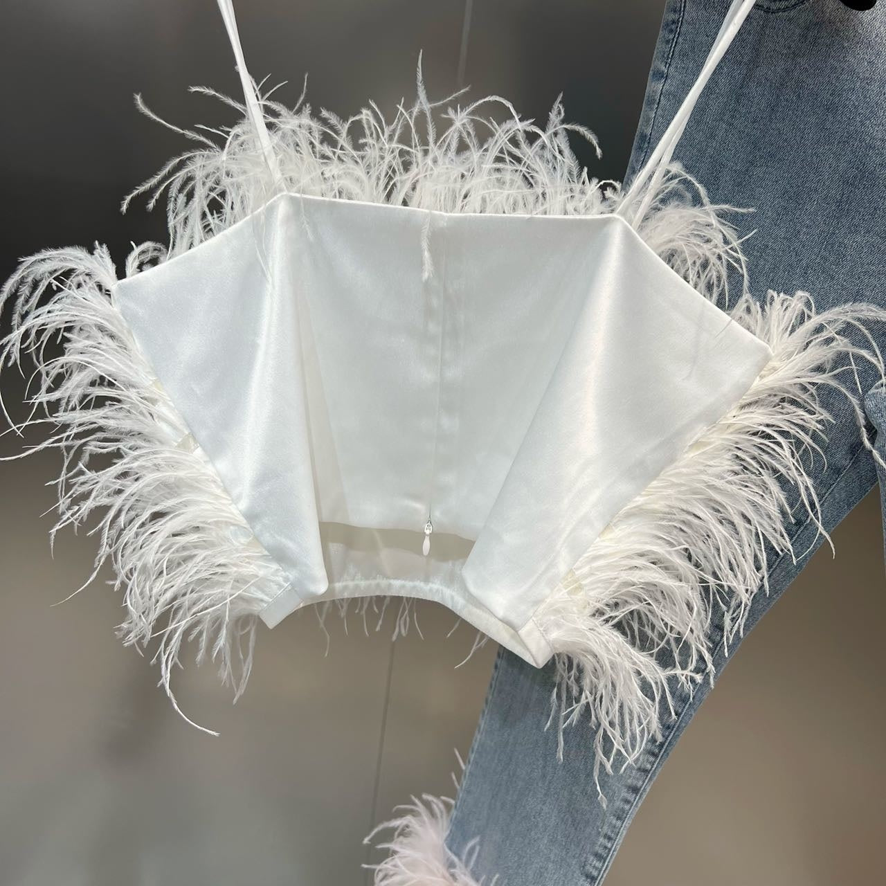 Autumn Sleeveless Feathers Camisole Crop Top Blue Denim Pants Long Jeans Two Piece Set Women GF920