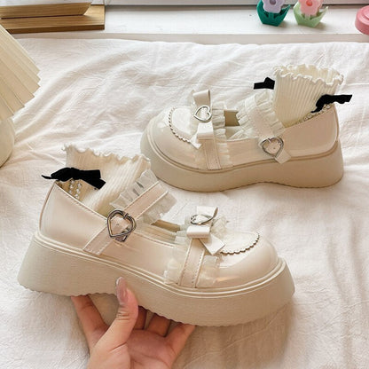 flowersverse - Sweet Lace Bowknot Lolita Shoes Women  Heart Buckle Platform Mary Janes Woman Cute Thick Bottom Non-slip JK Shoes