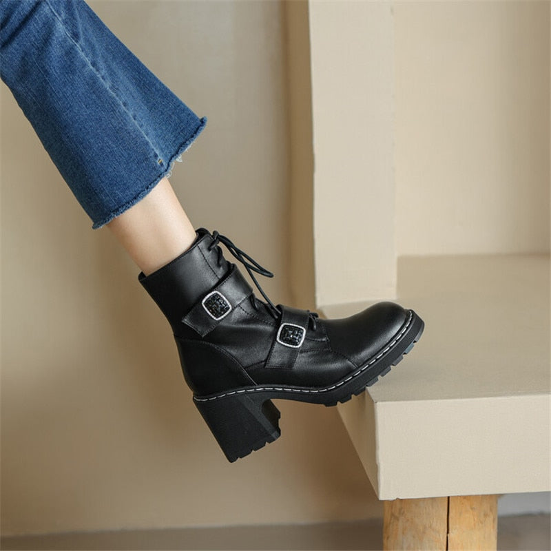 Amozae 2022 Autumn Winter Round Toe Women Boots Chunky Heel Shoes For Women Short Boots Belt Buckle Side Zipper High Heels Knight Boots