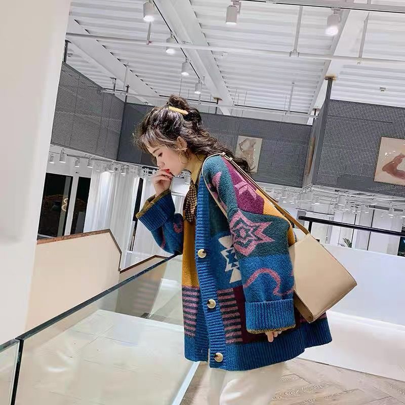 flowersverse Female Winter Autumn Christmas Print V-neck Korean Preppy Style Long Sleeve Buttons Knitted Cardigan Coat Street Casual Top