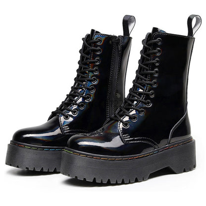 Amozae  Winter Women Boots Leather Reflective Female Lace Up Platforms Boot Increase Height Punk Boots Black Casual High-Top Shoes