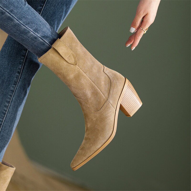 Amozae 2023 New Autumn/Winter Women's Boots Pointed Toe Chunky Heel Short Boots Cow Suede Western Boots Shoes For Women High Heels