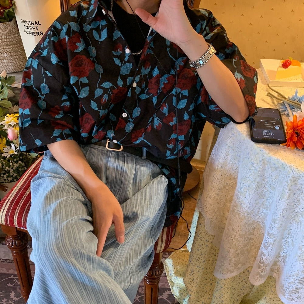 flowersverse Rose full print vintage shirt shirt women men summer rich young master short sleeve button up shirt Korean streetwear summer ins