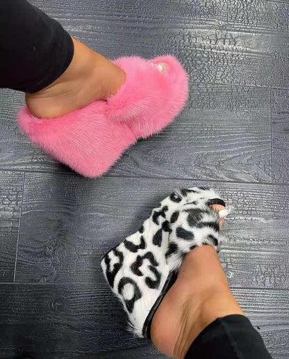 flowersverse Luxury New Women Feminine High-Heeled Fur Drag Outdoor All-Match Shoes Slippers Round Head Wedges With Mink Fur Slippers