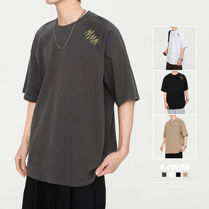 flowersverse Summer New Vintage Men's T-Shirt Casual American Irregular Personalized Embroidery T-shirts Cotton 200G Fashion Hip Hop Unisex