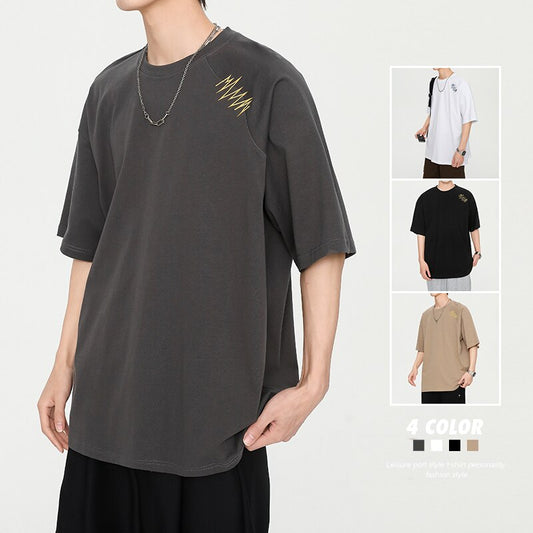 flowersverse Summer New Vintage Men's T-Shirt Casual American Irregular Personalized Embroidery T-shirts Cotton 200G Fashion Hip Hop Unisex