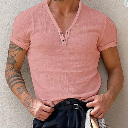 flowersverse Cotton Casual t Shirts Mens Clothing Solid Short Sleeve Polos Shirts Summer Fashion Man Streetwear Button V-neck Tee Tops