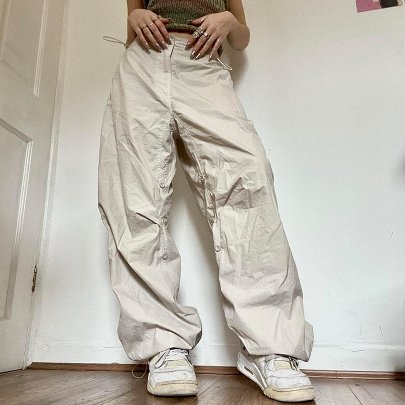 Women Casual Joggers Tech Pants Vintage Solid Low Waist Drawstring Baggy Trousers Y2K Wide Leg Sweatpants Streetwear Cargo Pants