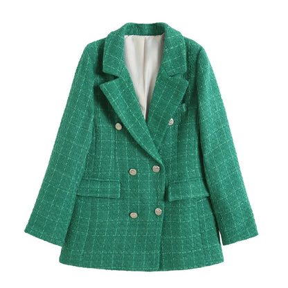 flowersverse  Women Fashion Double Breasted Houndstooth Blazer Coat Vintage Long Sleeve Flap Pockets Female Outerwear Chic Vestes