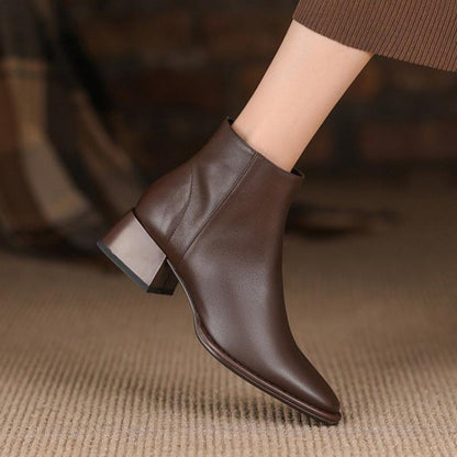 flowersverse Women's Ankle Boots Autumn Chelsea Leather Casual Med Heels Pointed Ladies Shoe Elegant Retro Females Shoes Soft Fashion