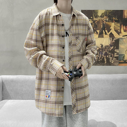 flowersverse Harajuku Plaid Shirt Men Hip Hop Flannel Checked Over Size Shirt High Quality Spring New Oversize Streetwear Green Retro Blouses