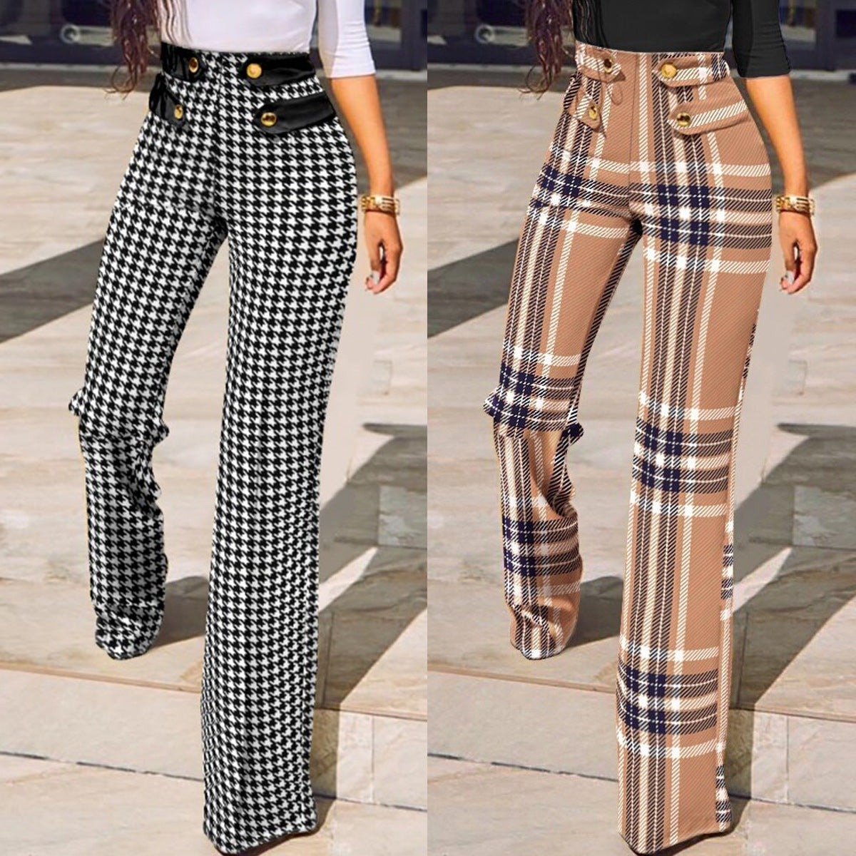 flowersverse Women Buttoned High Waist Wide Leg Tailored Pants Spring Casual Ladies Plaid Long Pencil Pants Elegant Trousers Overalls